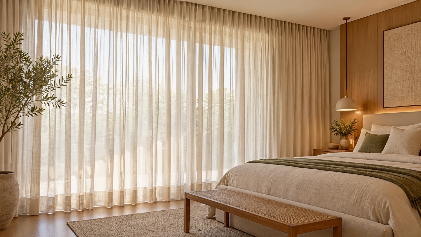 Inspiração ilustrativa de quarto com cortinas claras.
